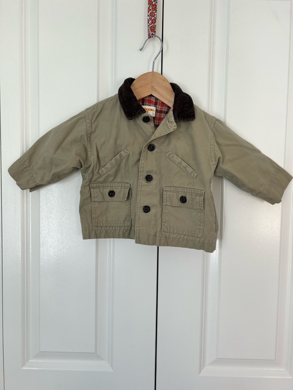 Outbrook Kids tan barn jacket corduroy collar 18 months plaid lining